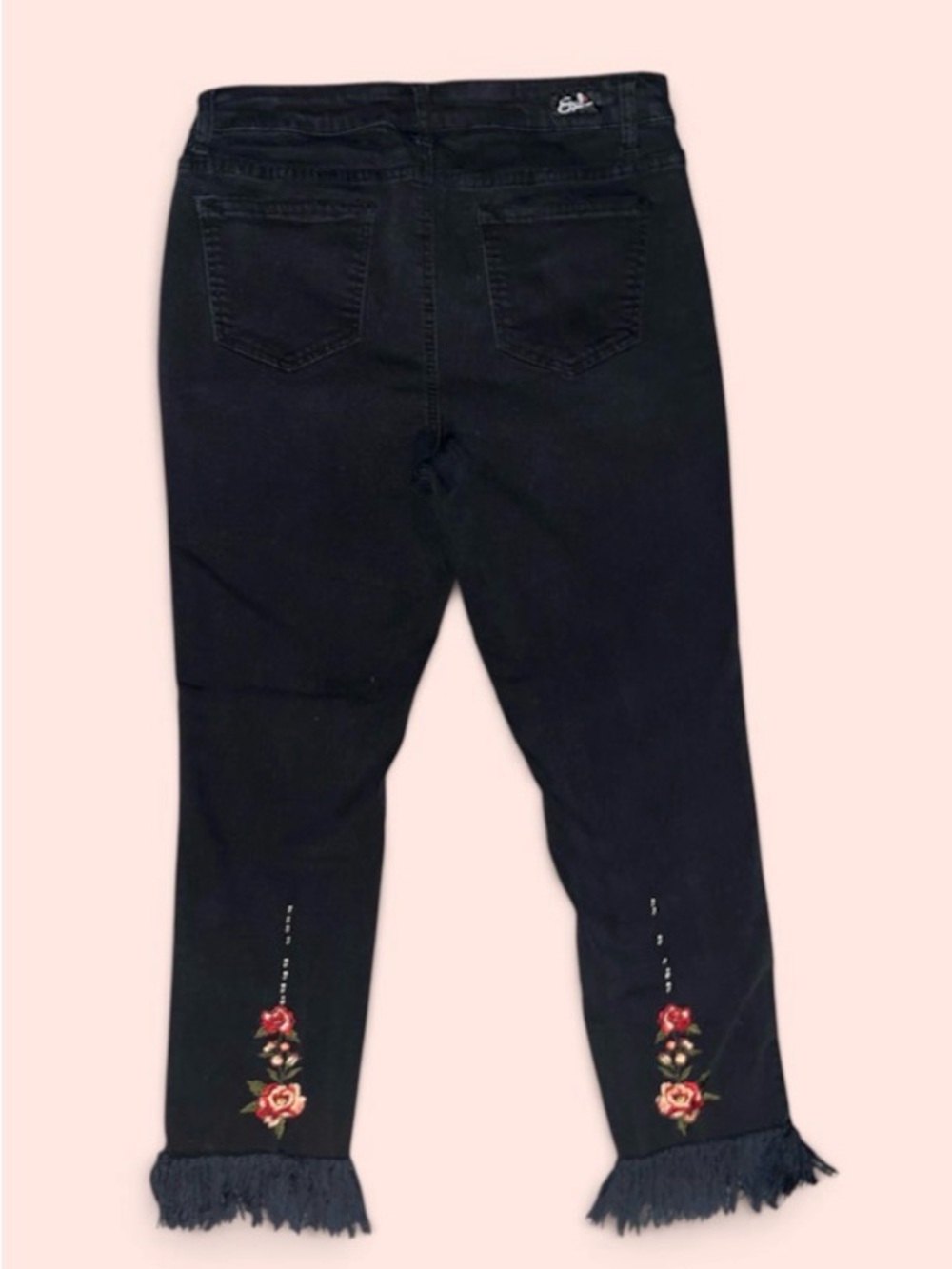 Women's Black Jeans with Fringed Hem and Rose Embroidery
